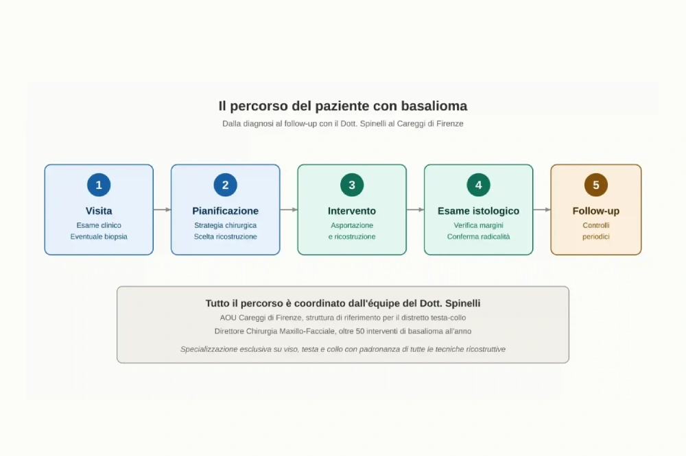 Schema delle 5 tappe del percorso clinico per il paziente con basalioma: visita ed esame clinico, pianificazione della strategia chirurgica e ricostruttiva, intervento di asportazione e ricostruzione, esame istologico per verifica dei margini, follow-up con controlli periodici. Tutto il percorso è coordinato dall'équipe del Dott. Giuseppe Spinelli presso l'AOU Careggi di Firenze, struttura di riferimento per il distretto testa-collo.