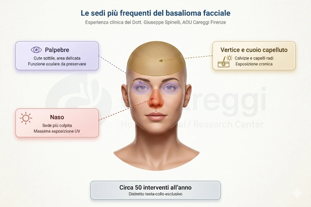 Le tre sedi più frequenti del basalioma facciale: naso, vertice e cuoio capelluto, palpebre, secondo l'esperienza del Dott. Giuseppe Spinelli