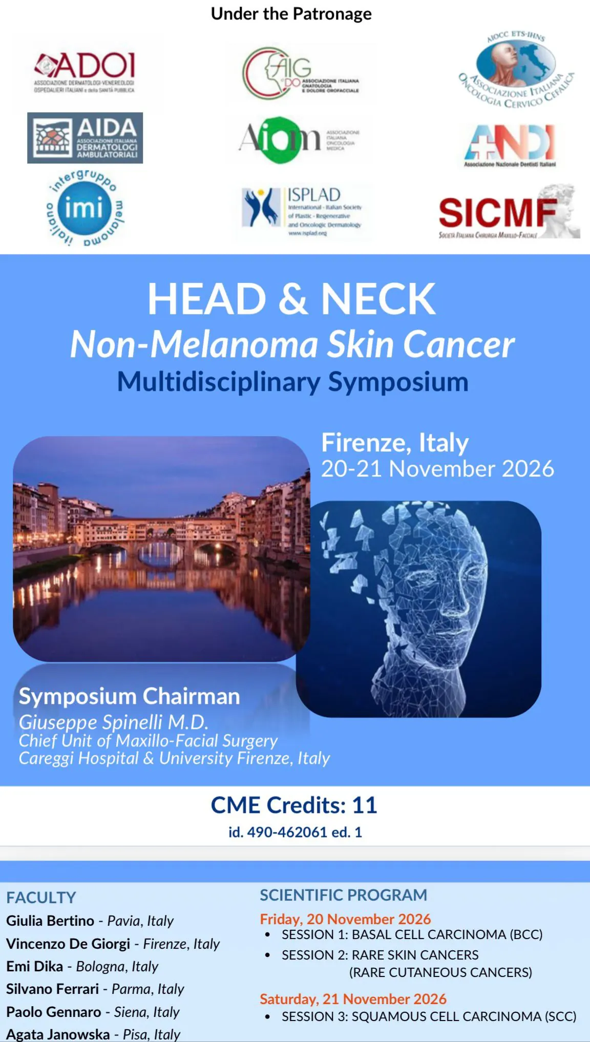 Locandina del Simposio internazionale Head and Neck Non-Melanoma Skin Cancer, Firenze 20-21 novembre 2026, Chairman Dott. Giuseppe Spinelli