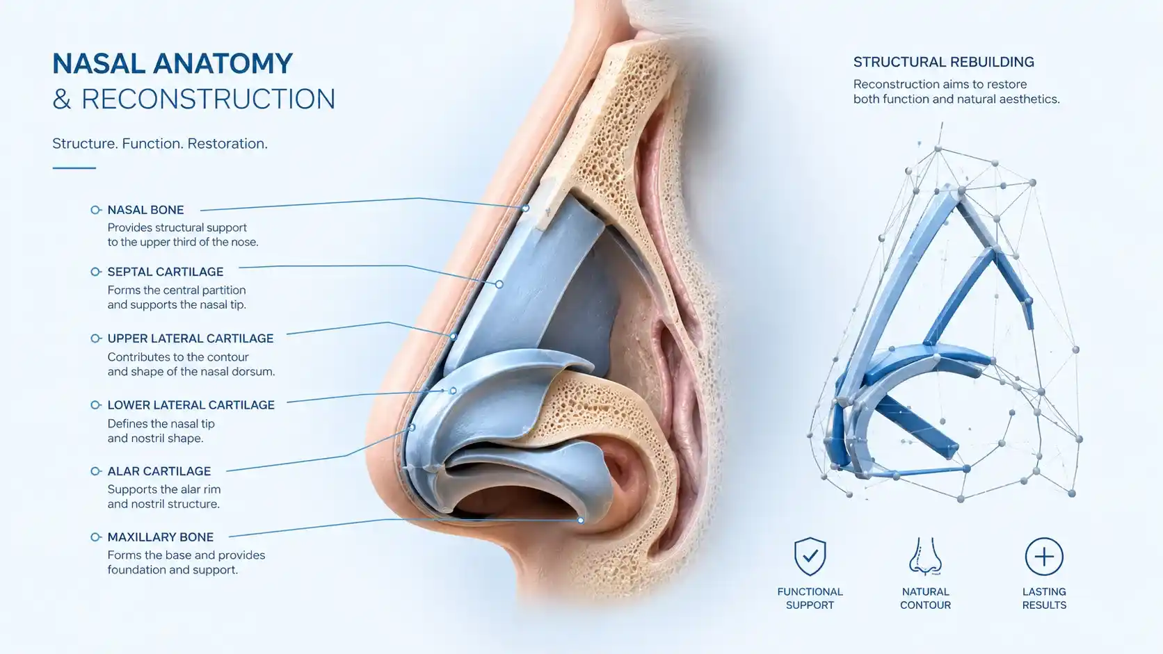 Illustrazione anatomica della struttura del naso e della ricostruzione delle componenti ossee e cartilaginee